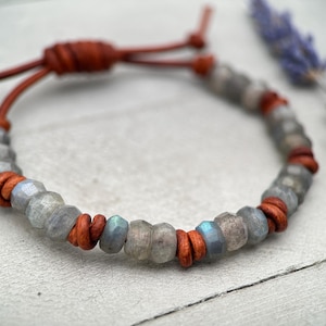 Labradorite Leather Bracelet - Gray Gemstone Adjustable Rustic Brown Leather Stacking Jewelry