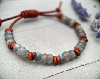 Labradorite Leather Bracelet - Gray Gemstone Adjustable Rustic Brown Leather Stacking Jewelry
