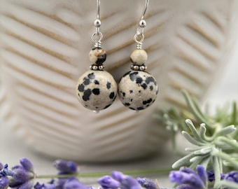 Dalmatian Jasper Earrings. Black, White Animal Print with Sterling Silver