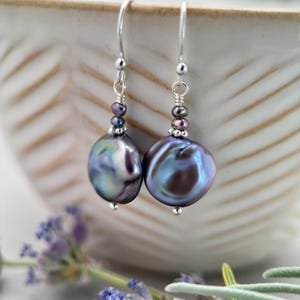 Peacock Baroque Coin Pearl Earrings – Iridescent Freshwater Pearls with Sterling Silver – Handmade in the USA