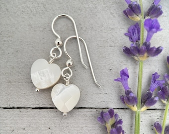 White Mother of Pearl Heart - Sterling Silver Earrings