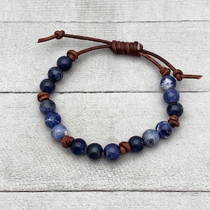 Sodalite Gemstone and Rustic Brown Leather Stacking Bracelet