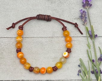 Sardonyx and Leather Bracelet - August Birthstone - Stacking Layering Orange Jewelry