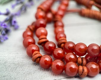 Carnelian Bracelet | Orange Red Gemstone and Leather Stacking Adjustable Jewelry - For Him or Her