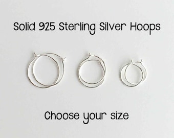 Tiny Hoop Earrings. Solid 925 Sterling Silver Hoop. Silver Loops. Silver Hoop Earrings. 10mm Hoops, 12mm Hoops, 8mm Hoops One PAIR (2 hoops)