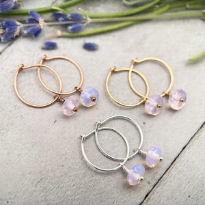 Pink Opalite Charm Hoop Earrings. Available in Solid 925 Sterling Silver, 14k Yellow or Rose Gold Fill