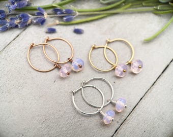 Pink Opalite Earrings - Sterling Silver, 14k Yellow or Rose Gold - Dainty Minimalist Hoops