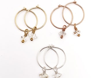 Herkimer Diamond Charm Hoop Earrings Available in Solid 925 Sterling Silver, 14k Yellow or Rose Gold Fill