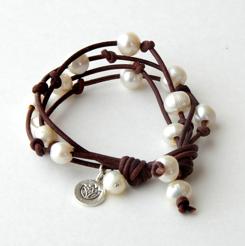 Multistrand Leather Pearl Bracelet. Rustic Brown Leather Etsy