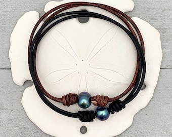 Peacock Pearl and Leather Anklet / Bracelet. Rustic Brown or Black Leather, Cultured Freshwater Pearl Adjustable Jewelry Gift For Him or Her