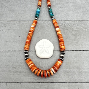 Orange Spiny Oyster, Kingman Turquoise, and Navajo Pearl Necklace. Solid 925 Sterling Silver