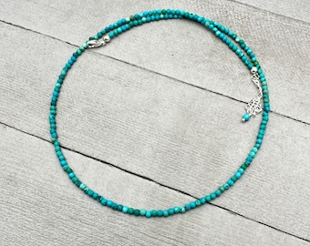 Faceted Turquoise and Sterling Silver Beaded Necklace. Tiny 2mm beads