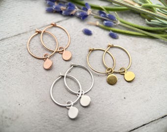 Charm Hoop Earrings | Sterling Silver, Yellow, or Rose Gold-Fill | Sequin, Disc, Coin Dangle