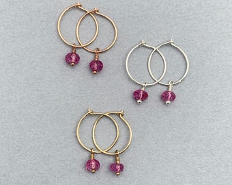 Pink Topaz Charm Hoop Earrings. Available in Solid 925 Sterling Silver, 14k Yellow or Rose Gold Fill