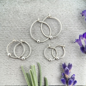 Sterling Silver Tiny Hoop Earrings with Silver Ball Bead - Minimalist Everyday 24-7 Earrings