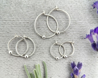 Sterling Silver Tiny Hoop Earrings with Silver Ball Bead - Minimalist Everyday 24-7 Earrings