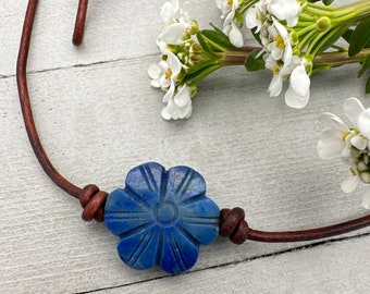 Lapis Lazuli Carved Flower and Brown Leather Necklace