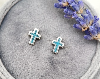 Turquoise Cross Earrings Sterling Silver, Christian Cross Studs, Turquoise Inlay Faith Religious Jewelry Gift