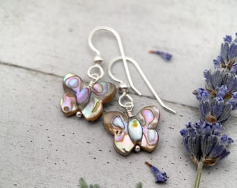 Abalone Butterfly Earrings, Sterling Silver & Paua Shell, Nature Inspired Jewelry, Handmade Coastal Gift for Her