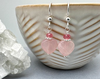 Rose Quartz Heart Earrings with Solid Sterling Silver