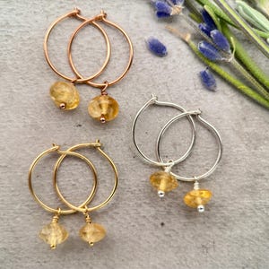 Citrine Charm Hoop Earrings. Available in Solid 925 Sterling Silver, 14k Yellow or Rose Gold Fill