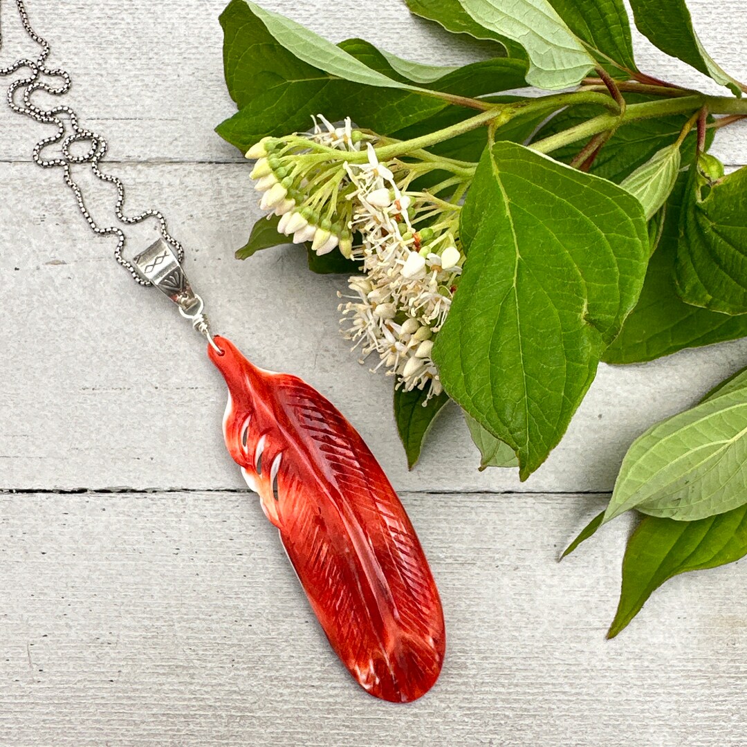 Large Carved Red Spiny Oyster Feather and Sterling Silver Pendant - Etsy