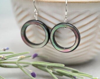 Black Mother of Pearl Earrings – Elegant Sterling Silver Shell Loop Jewelry - Black Lip Oyster Shell Hoop Earrings
