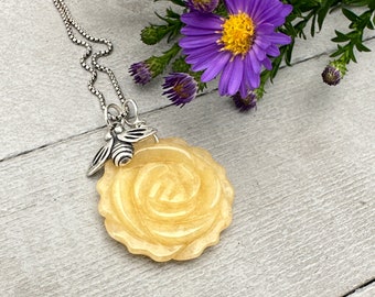 Carved Yellow Jade Flower and Sterling Silver Bee Charm Necklace