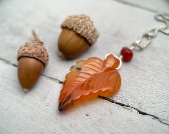 Carved Carnelian Leaf Pendant. Fall leaf jewelry - Autumn Orange Red
