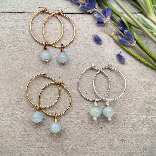 Pendientes de aro de aguamarina azul / Plata de ley, oro amarillo o rosa / Piedra de nacimiento de marzo