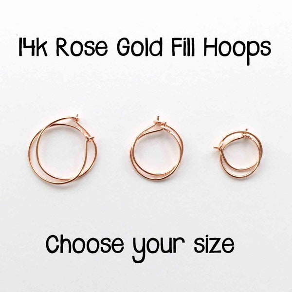 Little Rose Gold Hoop Earrings. 14K Rose Gold Filled Huggie Sleeper Hoop Earrings. Thin Tiny Hypoallergenic Leave in Earrings Men Women Kids