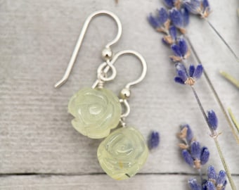 Carved Prehnite Flower and Sterling Silver Dangle Earrings. Unique Rose Carving, Limited Edition