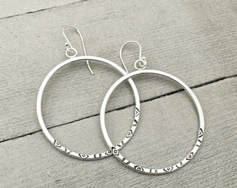 Stamped Silver Hoop Earrings.  Solid 925 Sterling Silver 1-1/2 inch Dangle Loops. Southwest Style