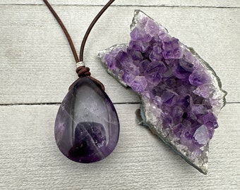 Purple Amethyst Pendant Leather Necklace. Healing Crystal - LAST ONE!