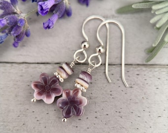 Wampum Quahog Shell Earrings | Sterling Silver | Small Purple & White Flower Jewelry