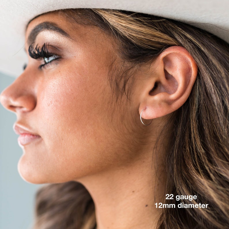 Small Hoop Earrings. Your Choice: 14k Rose Gold, Solid 925 Sterling Silver or 14K Yellow Gold Fill Hoops. Minimalist Leave in Earrings Pair image 7