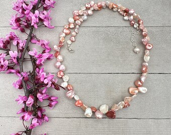 Pink Keshi Pearl and Sterling Silver Necklace. Cornflake Pearls