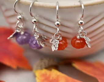 Mini Gemstone Pumpkin Sterling Silver Earrings - Choose Orange Carnelian or Purple Amethyst - Fall Autumn Halloween Jewelry