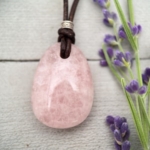 Rose Quartz Pendant Necklace – Polished Pink Gemstone on Brown Leather Cord – Light Pink Healing Crystal - Handmade in the USA