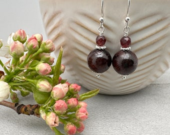 Garnet and Solid 925 Sterling Silver Earrings. January Birthstone