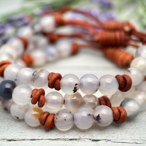 Montana Agate Gemstone and Rustic Brown Leather Bracelet