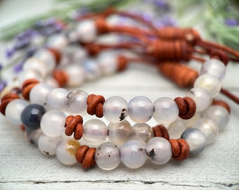 Montana Agate Bracelet | Adjustable Gemstone, Rustic Brown Leather Jewelry for Men or Women