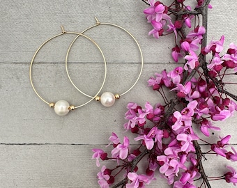 Freshwater Pearl and 14k Yellow Gold Fill Large Hoop Earrings