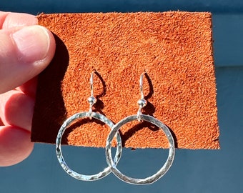 Hammered Silver Hoop Earrings.  Solid 925 Sterling Silver 3/4 inch Textured Stamped Dangle Loops.