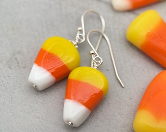 Candy Corn and Sterling Silver Earrings – Artisan Glass Beads - Halloween Autumn Fall Costume Jewelry