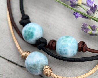 Blue Larimar Adjustable Necklace, Genuine Dominican Larimar Jewelry, Leather / Vegan Cord Necklace