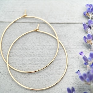 May include: Two gold-coloured hoop earrings. The earrings are circular and have a simple, elegant design. Lavender sprigs with purple flowers are in the background, adding a touch of colour and natural beauty to the image.