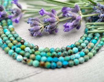 Faceted Multicolor Turquoise and Sterling Silver Beaded Necklace. 3mm beads