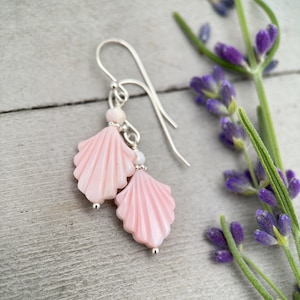 Handmade Conch Shell Earrings | Pink Fan Earrings with Sterling Silver | Boho Coastal Artisan Jewelry