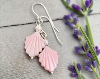 Handmade Conch Shell Earrings | Pink Fan Earrings with Sterling Silver | Boho Coastal Artisan Jewelry